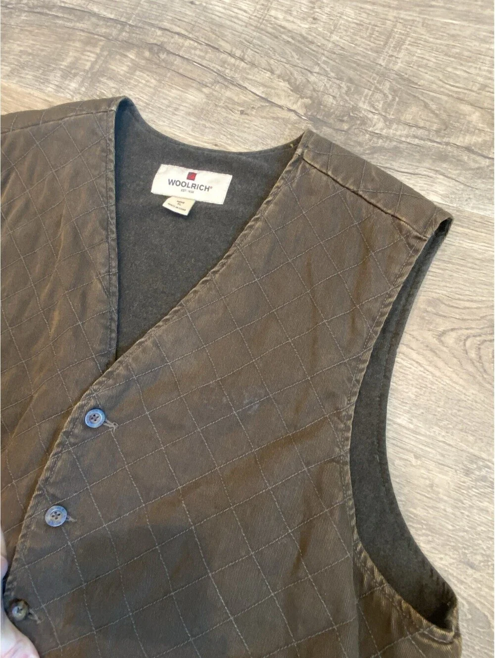 VTG Woolrich Men's XL Saddle Quilted Vest Brown Button Front Fleece Lined Cotton